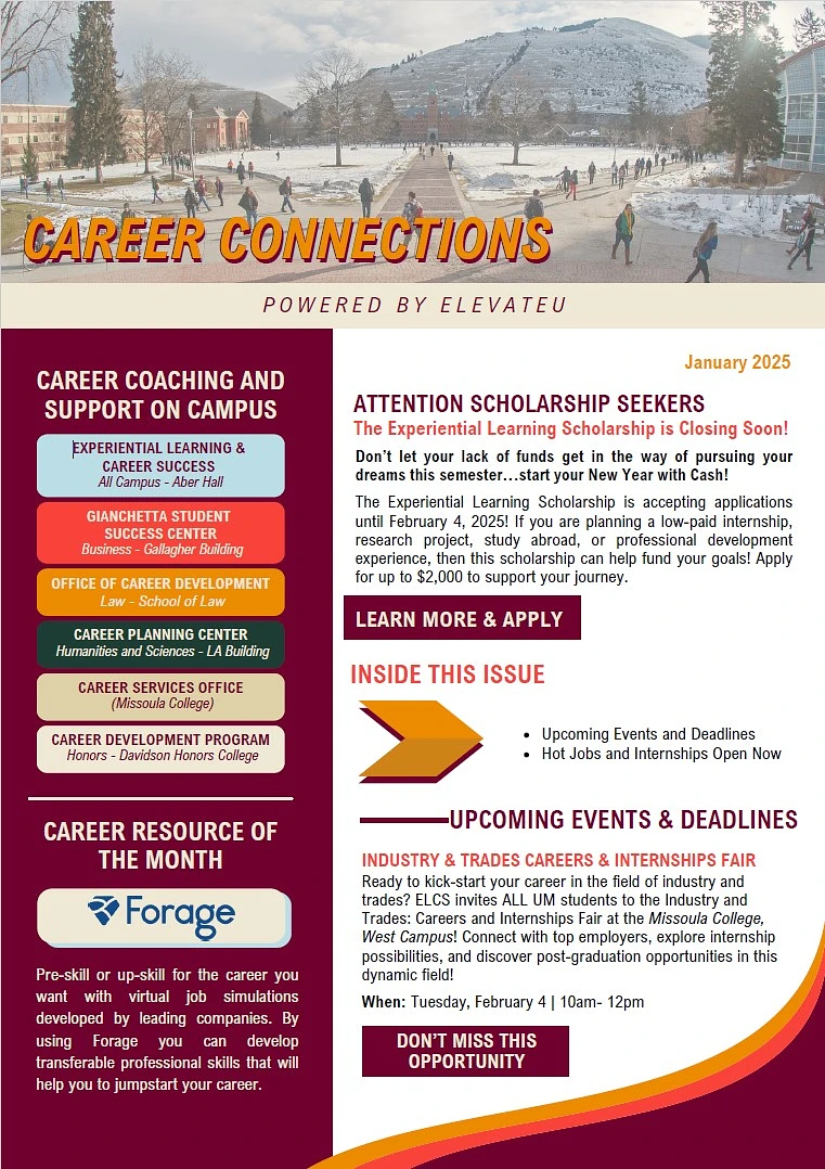 A newsletter titled "Career Connections" provides information about career coaching, scholarship opportunities, and upcoming events and deadlines for January 2025.
