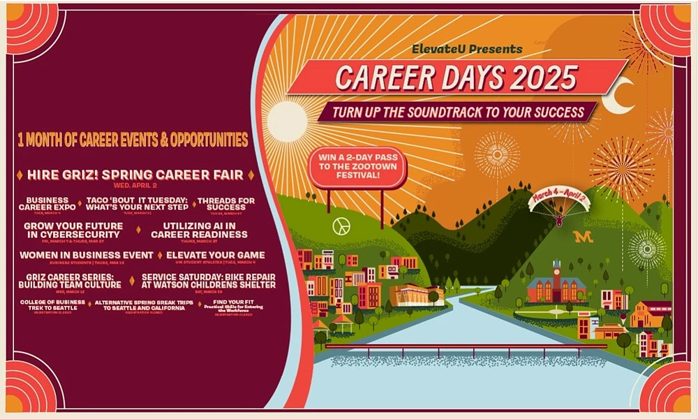 A vibrant promotional poster for "Career Days 2025" showcasing a month of career events and opportunities themed as "Turn up the Soundtrack to Your Success."